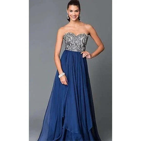 NWT Milano Formals 1870 Size 4 Long Navy Chiffon Beaded Prom Dress Formal  Gown